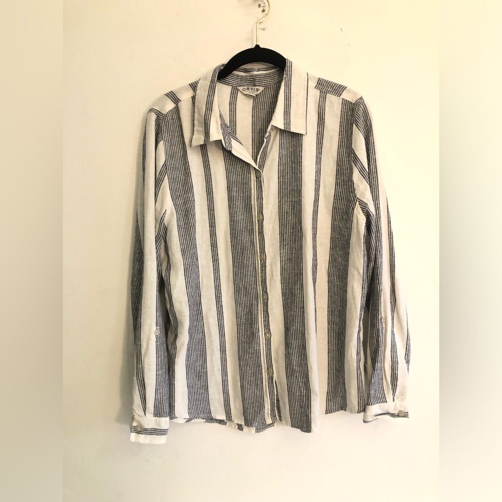 Orvis Blouse Women's M Striped Linen Blend Button Up Shirt  Sleeves Coastal
